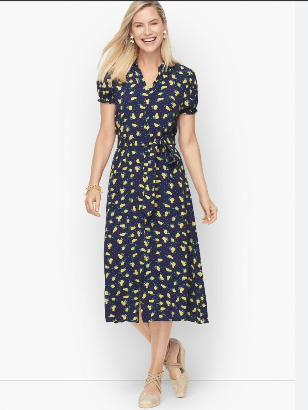 Talbots Navy Midi Dress with Yellow Lemon Print and Tie Waist With Pockets 14